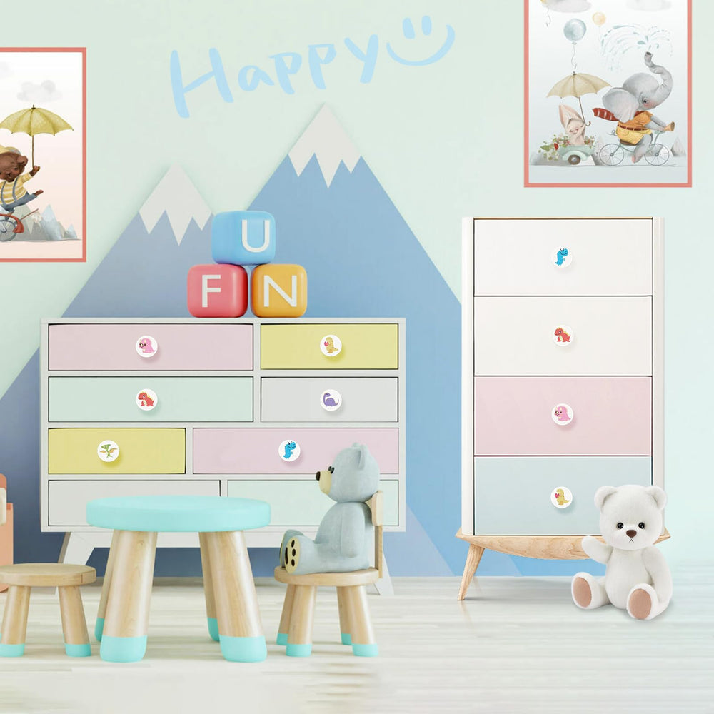 OctinPris dinosaur knob on cabinet adding kid-friendly room organization.