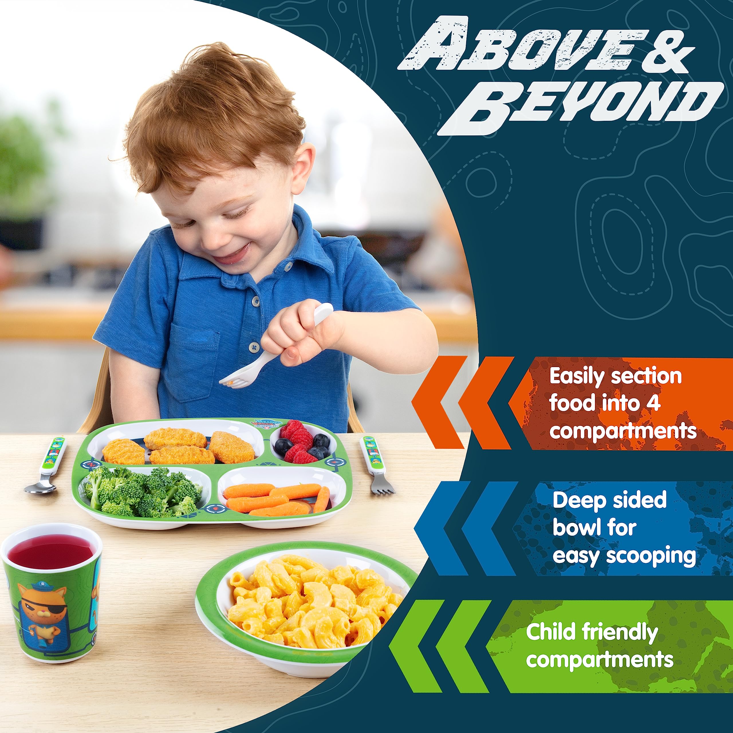 Octonauts raised-edge plate helps scoop easy and reduces spills during meals.