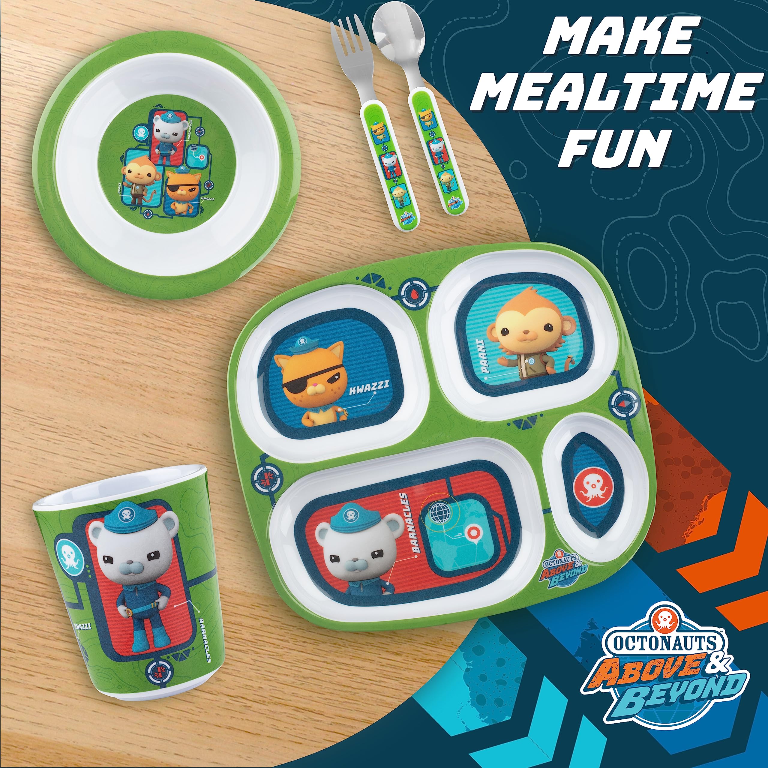 Octonauts stainless steel spoon emphasizes durability and comfortable feeding for toddlers.