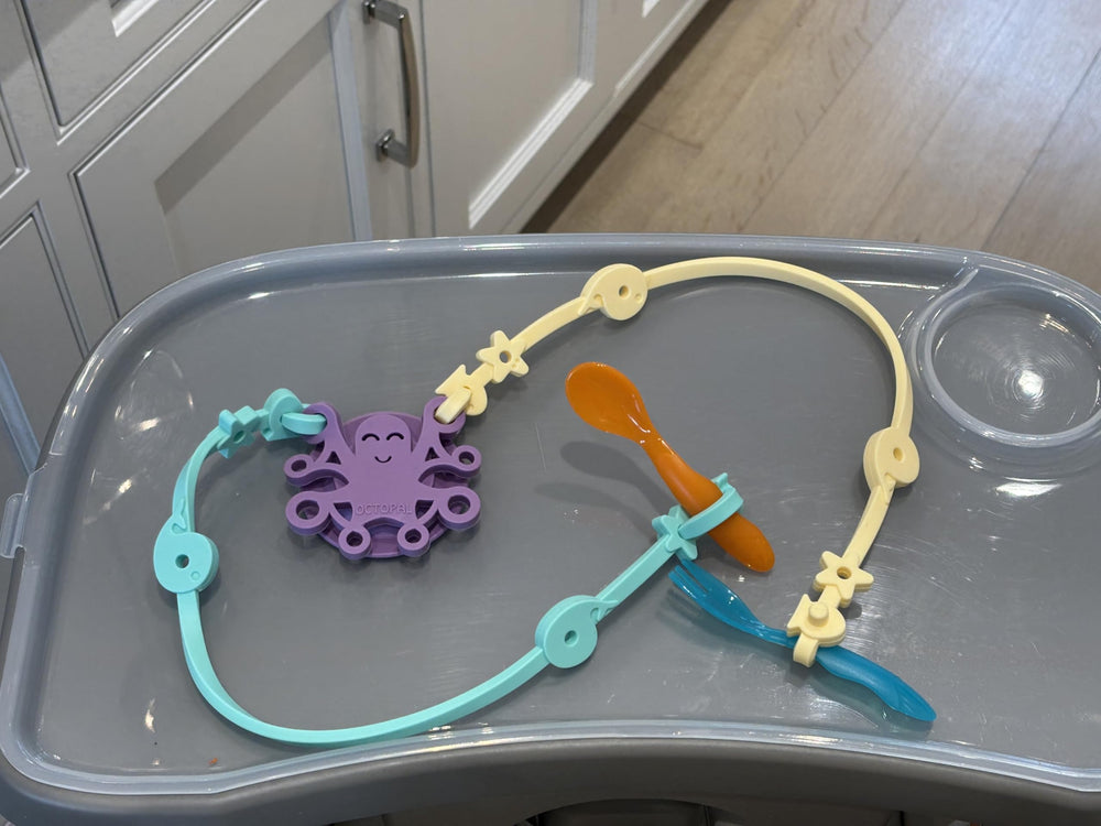 Octopal silicone tether straps BPA-free provide flexible attachment for spoons, cups, and teethers.