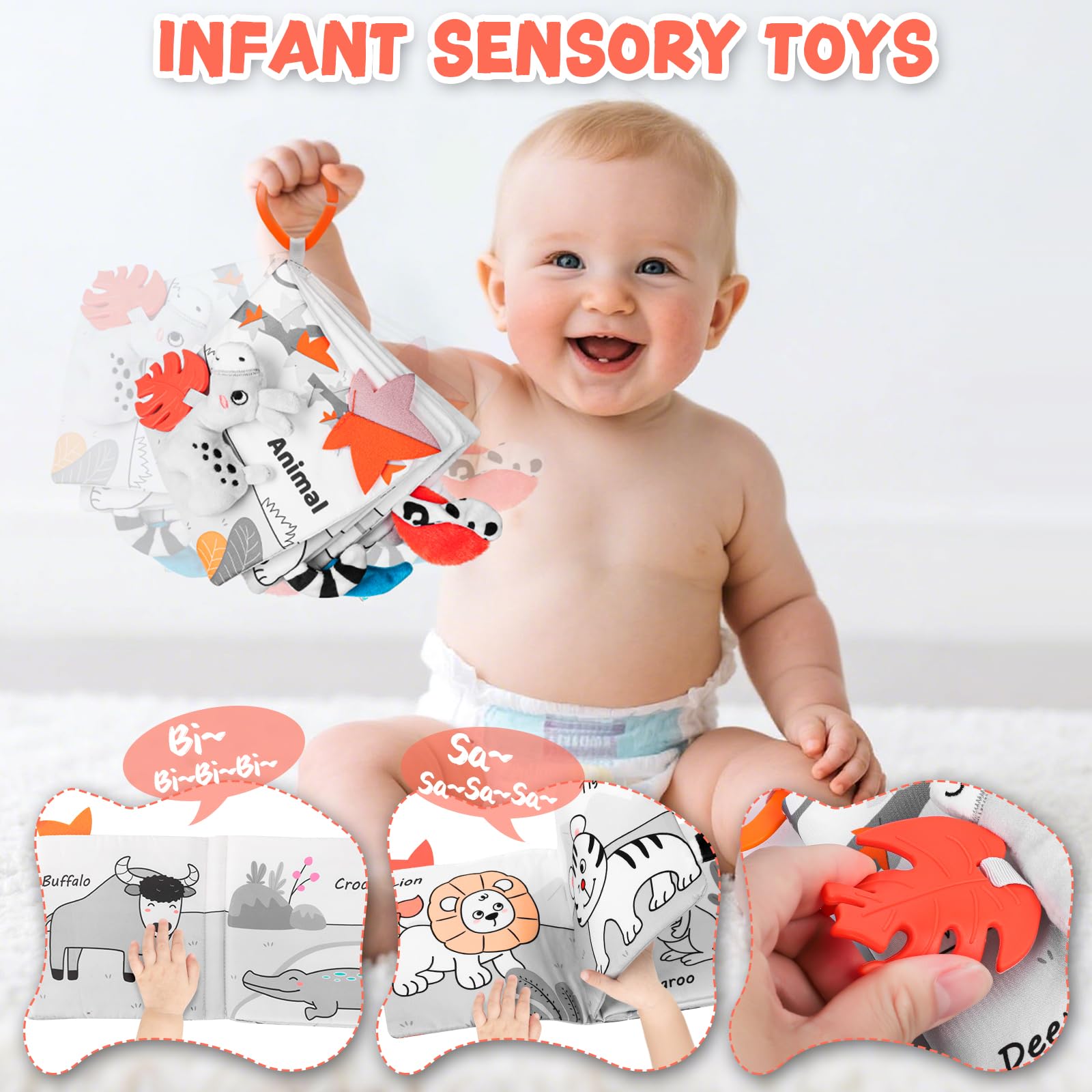 Odeepstar baby book interior crinkle pages and gentle rattle aid auditory development.