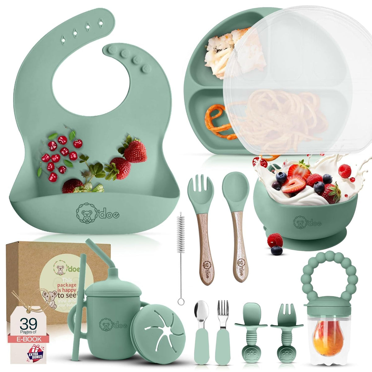 odoe 17-piece feeding set group photo shows a complete kit for mess-free meals.
