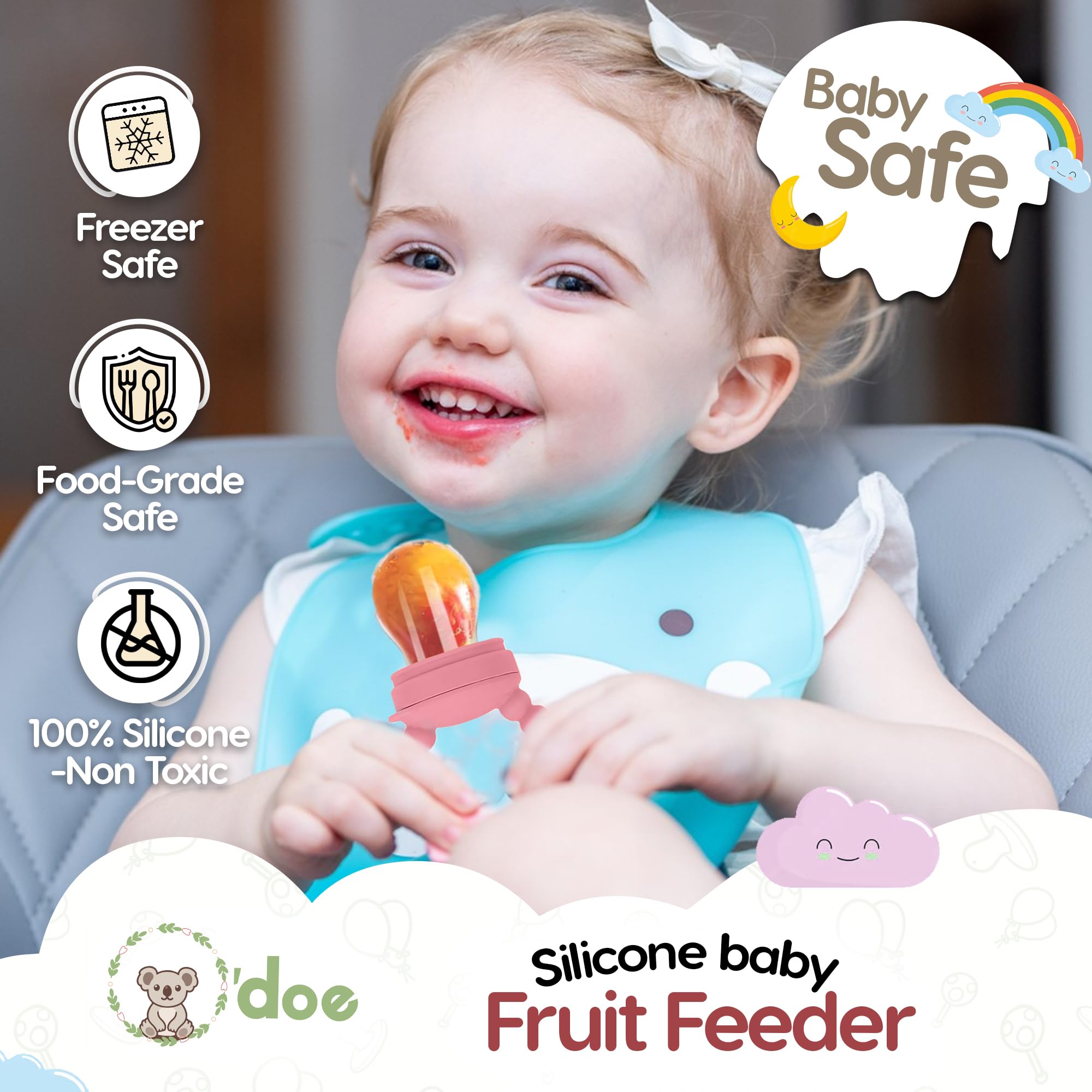 ODOE baby fruit feeder cleaning image shows simple rinse and wipe