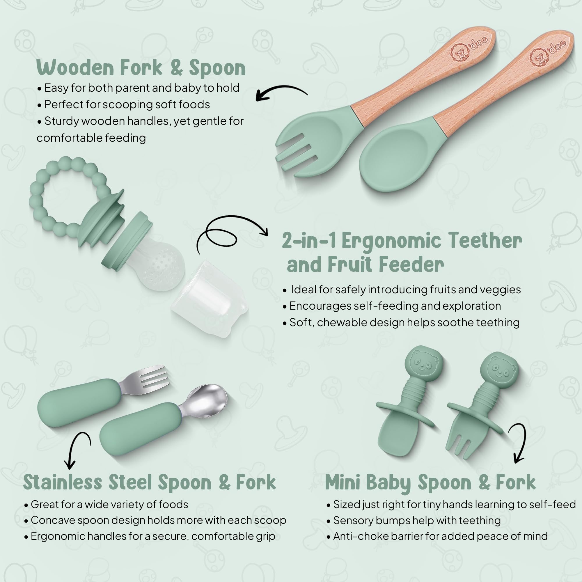 odoe wooden spoon and fork soft grip designed for tiny hands and comfort.
