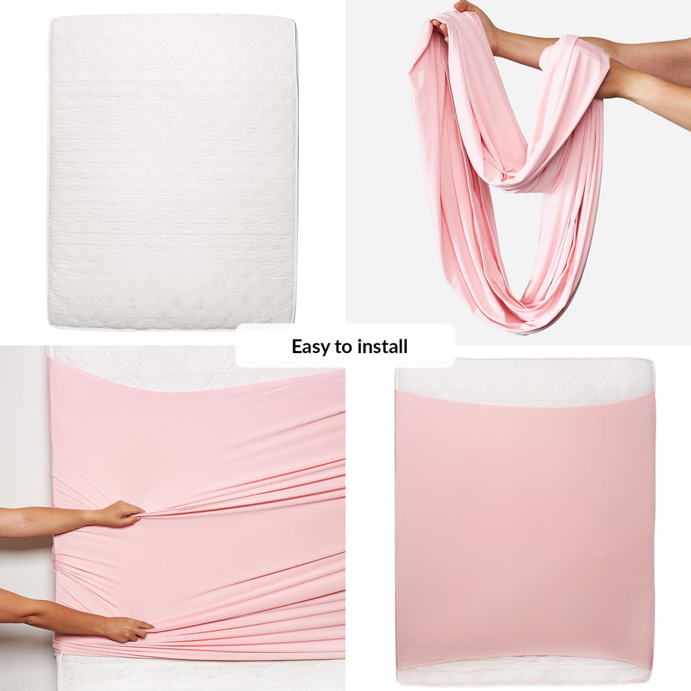 ODOXIA sensory sheet mattress-fit setup shows quick stretch for snug coverage.