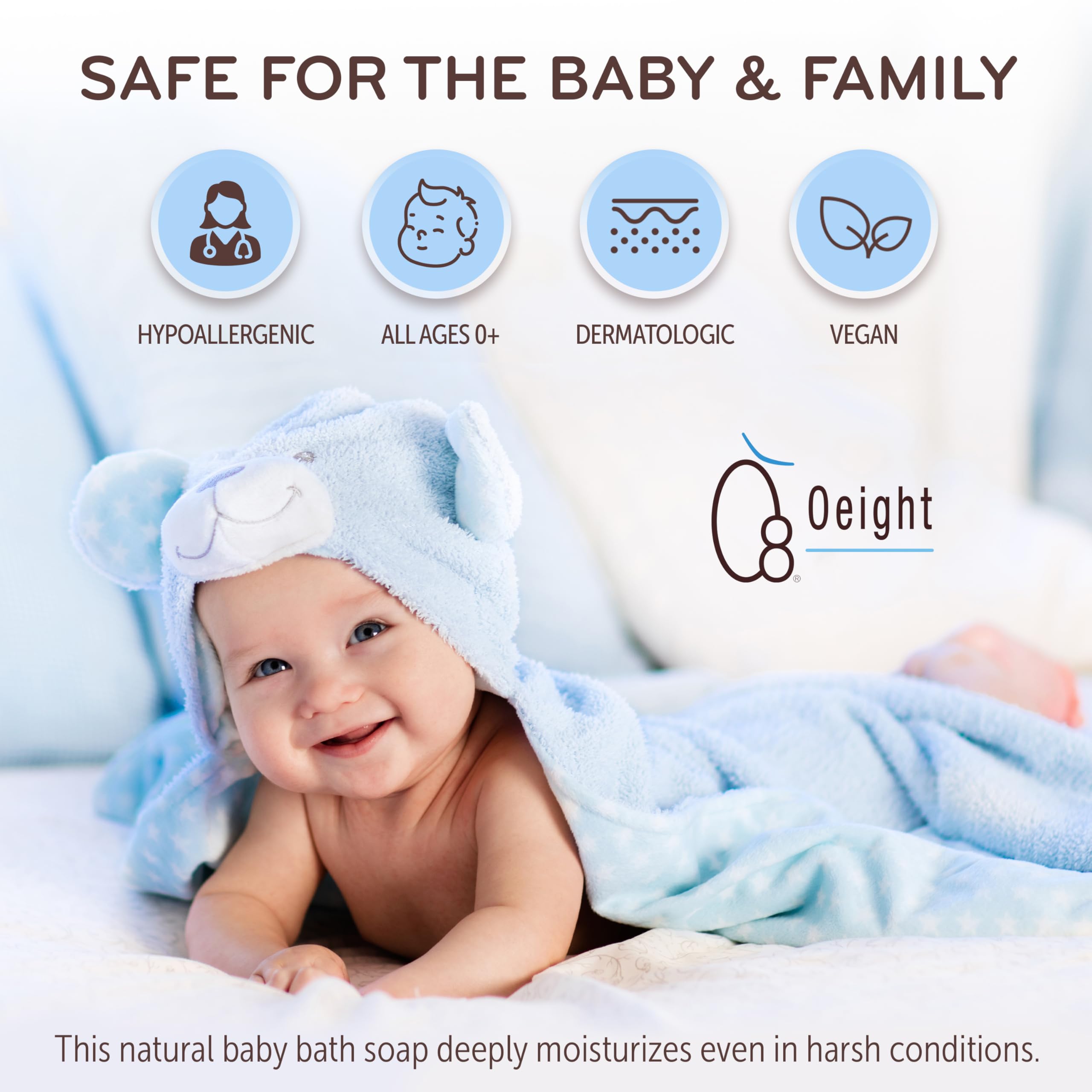 Oeight Baby Body Wash olive oil visual highlights skin nourishment from head to toe