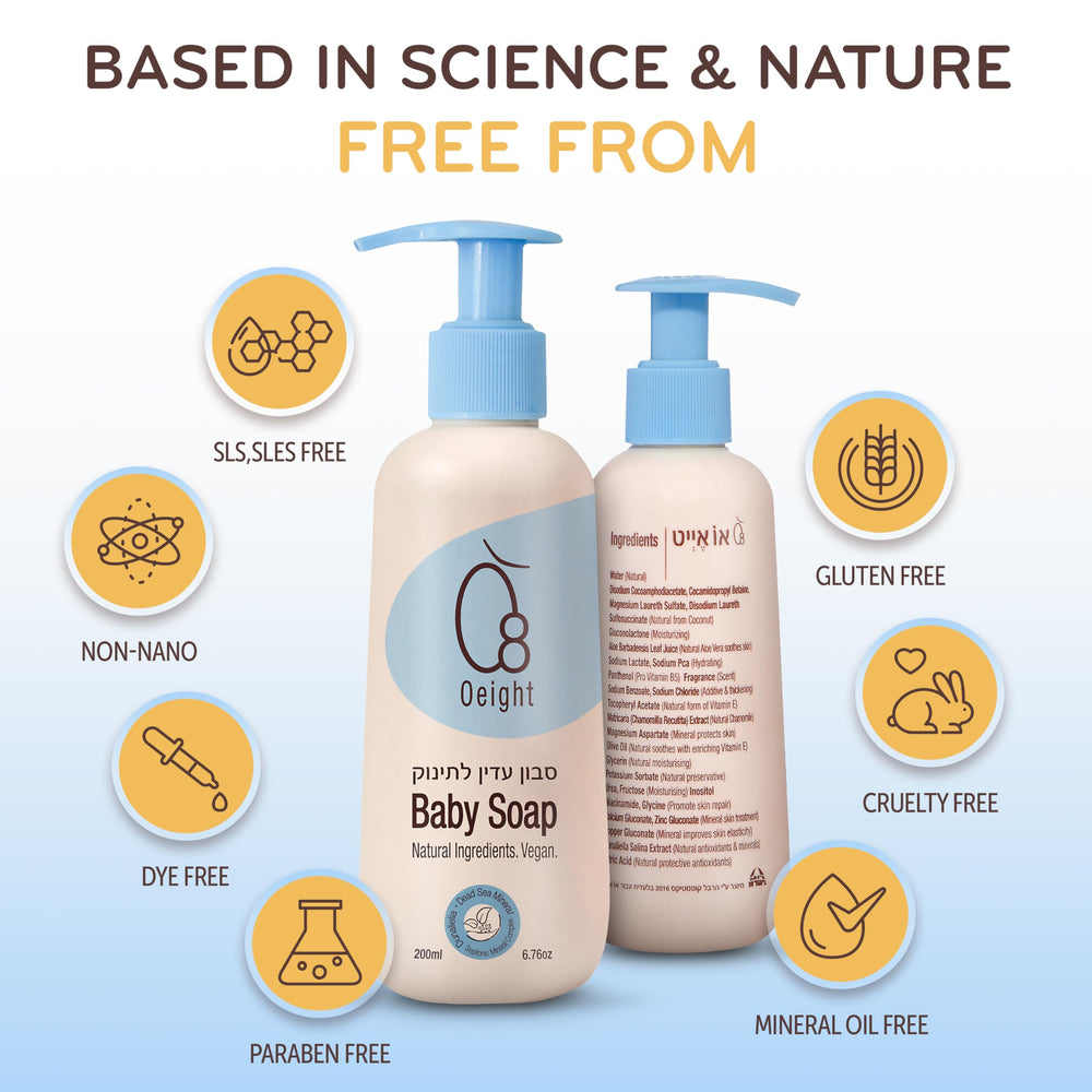 Oeight Baby Body Wash foam demonstrates mild cleansing texture