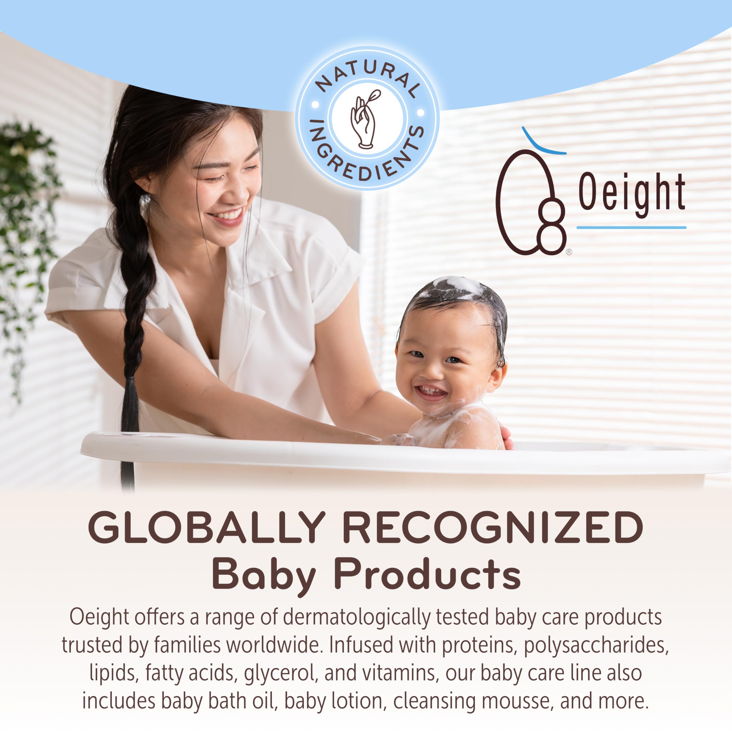 Oeight Baby Body Wash safe-ingredients badge emphasizes paraben/SLS-free formula