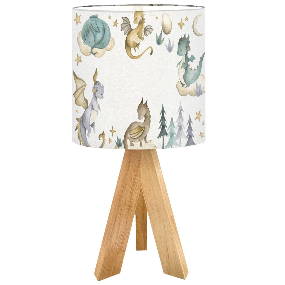 OEPWQIWEPZ tripod bedside lamp with dragon watercolor on warm wood base, cozy ambiance.