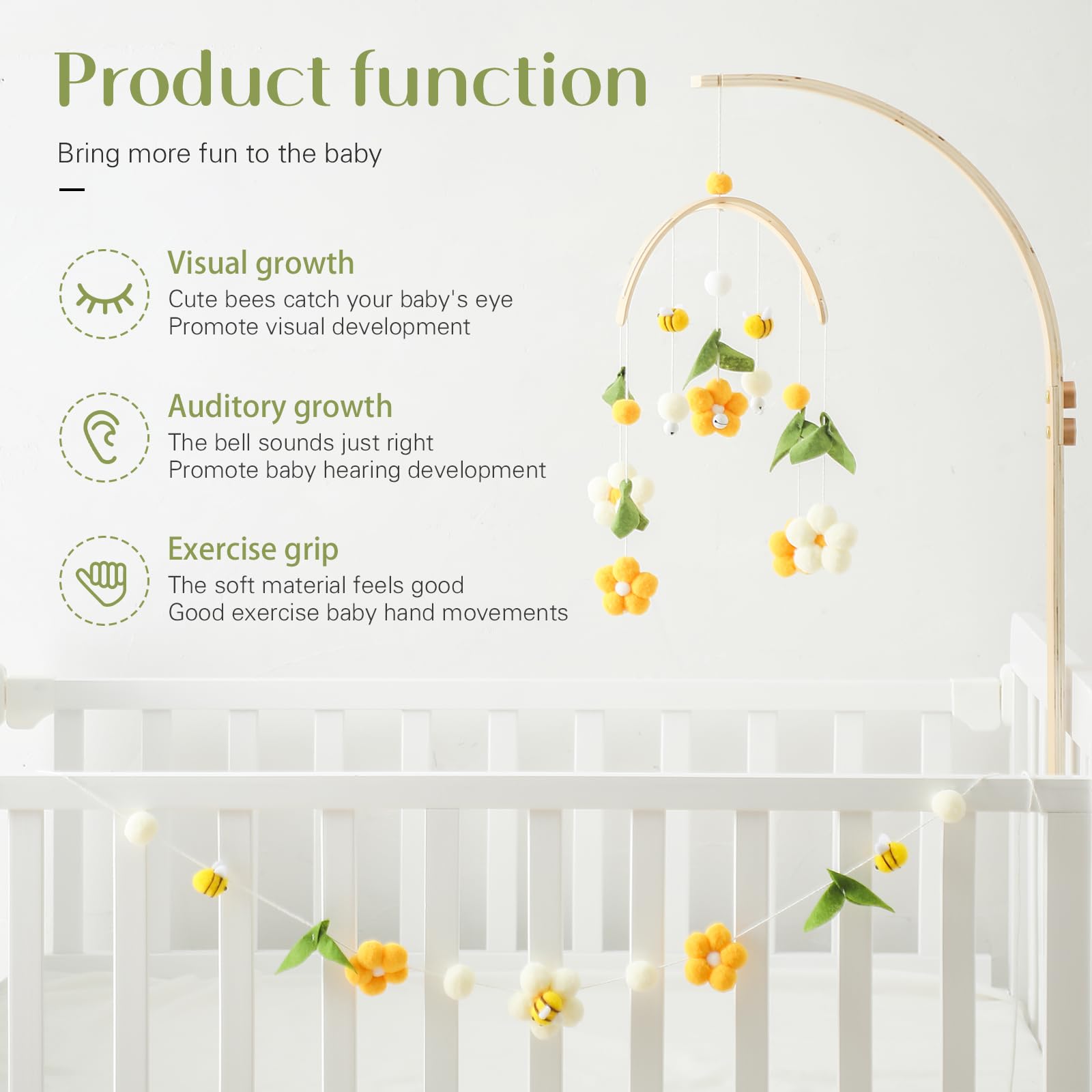 OESSUF crib mobile showing honey, flowers, leaves to calm and engage baby