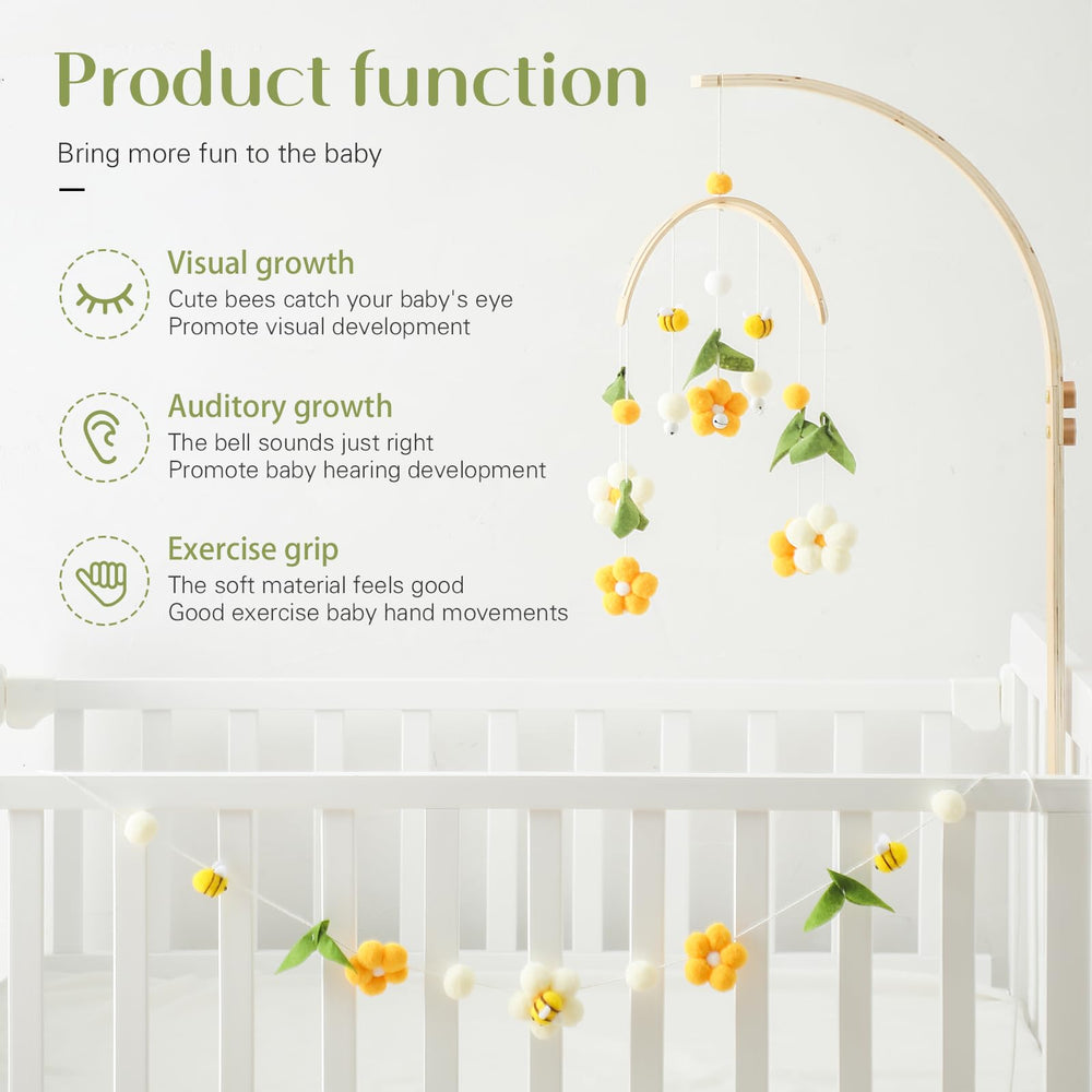 OESSUF crib mobile showing honey, flowers, leaves to calm and engage baby