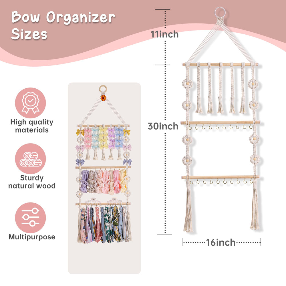 Officentra handwoven macrame bow organizer adds stylish storage to nursery.