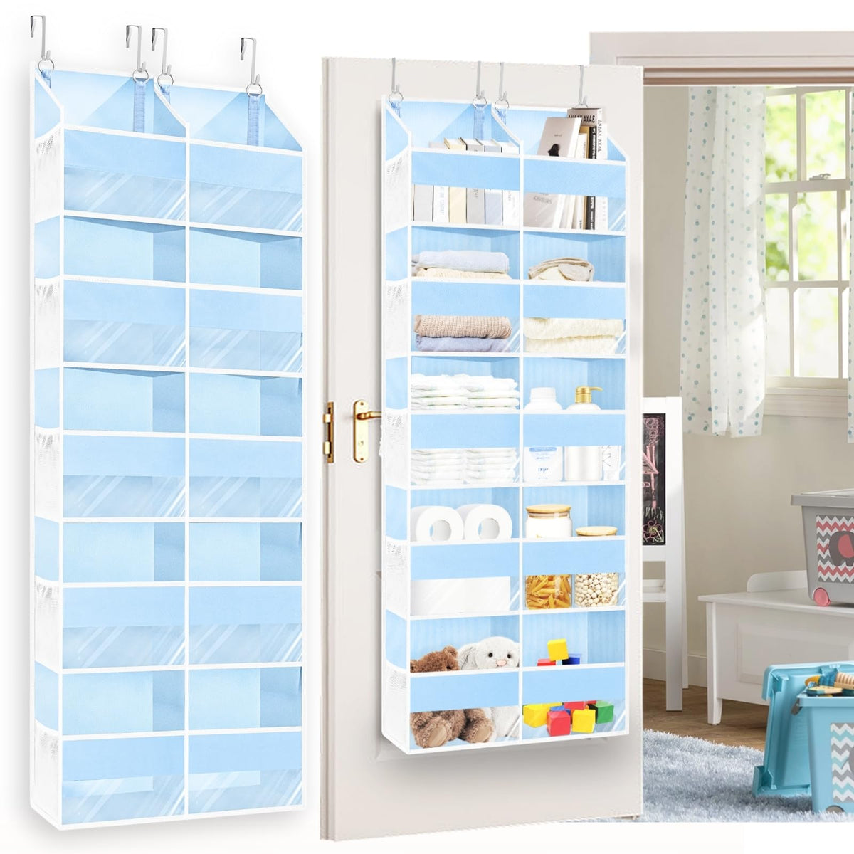 Ofiray-Home blue over-the-door organizer front view with clear window for quick item search