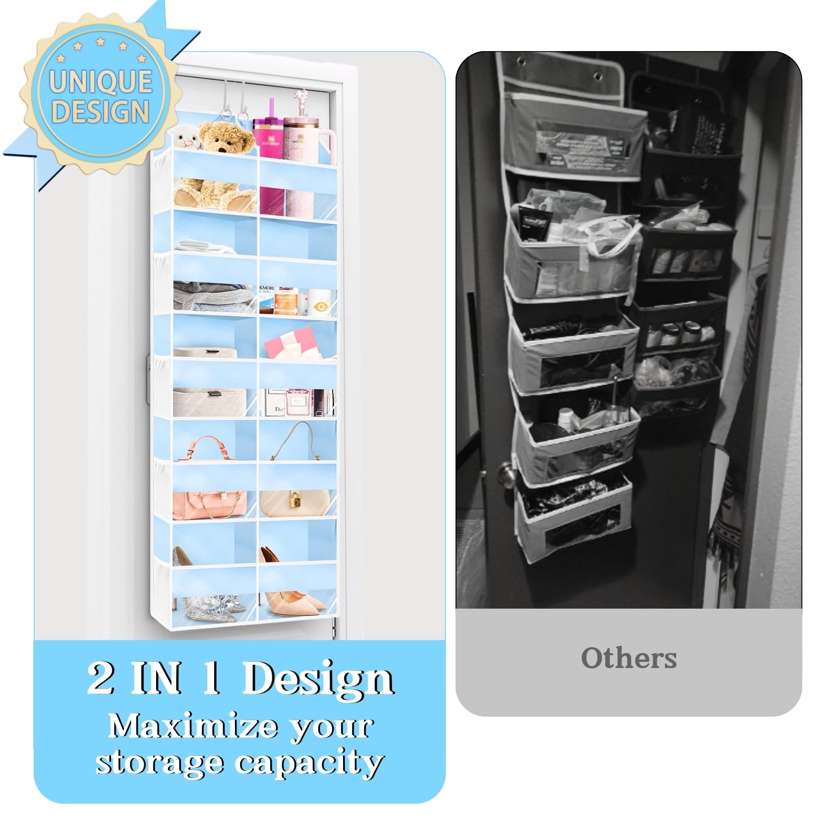 Ofiray-Home blue over-the-door organizer side view with mesh pockets for quick access to small items