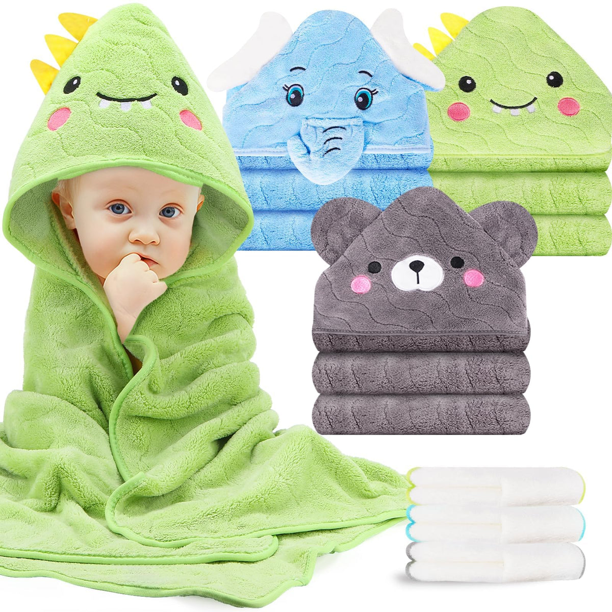 OFUSUY 6-piece baby towel set general view shows soft coral fleece for cozy bath time.