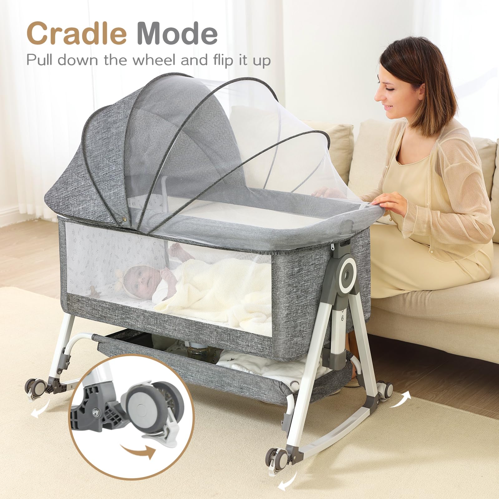 OHFLY bassinet with locking wheels for smooth motion and floor protection