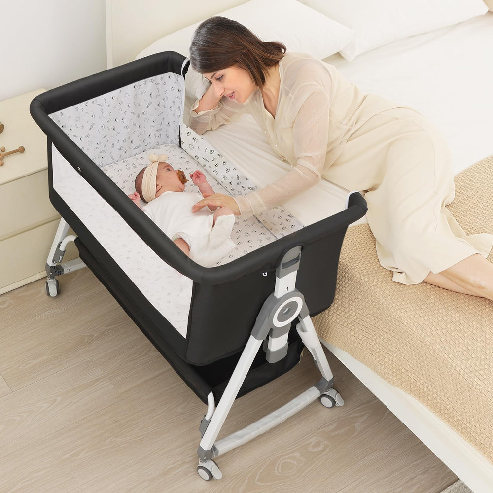 OHFLY baby bassinet 4in1 setup shows newborn-ready cradle with convenient storage