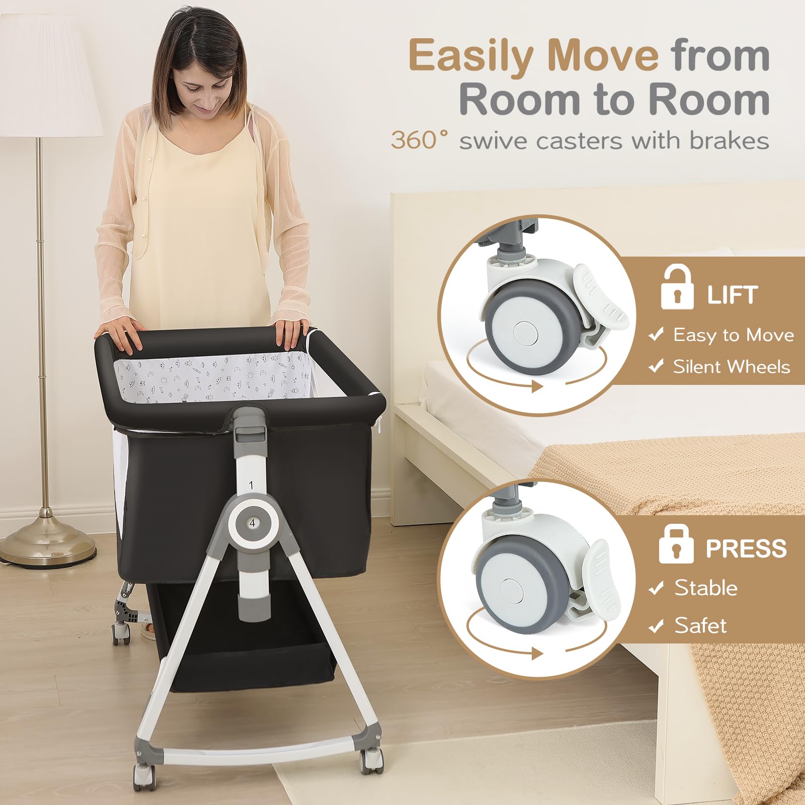 OHFLY baby bassinet height adjustment demonstrates effortless alignment with parents' bed