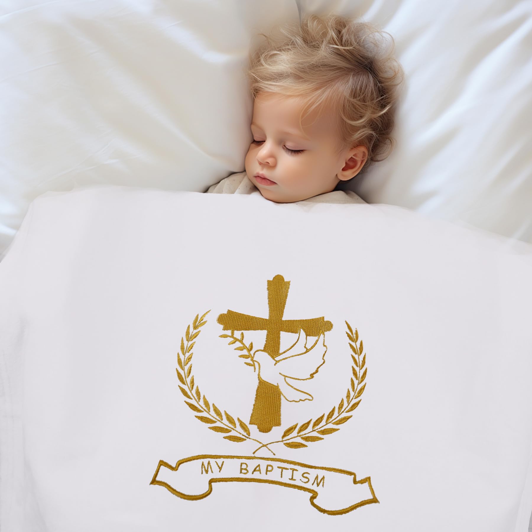 Ohmique Baptism Blanket displayed on crib, highlighting its generous size