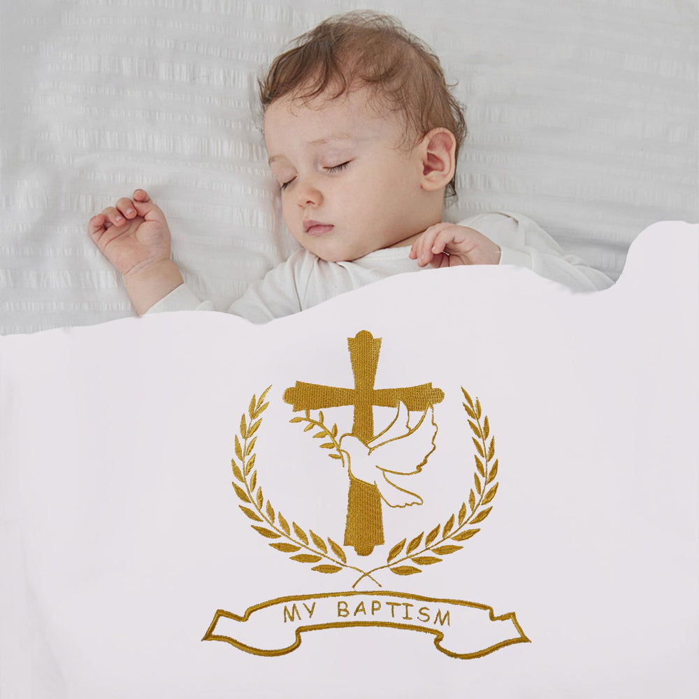 Ohmique Baptism Blanket featuring a dove embroidery for elegant baby-day moments