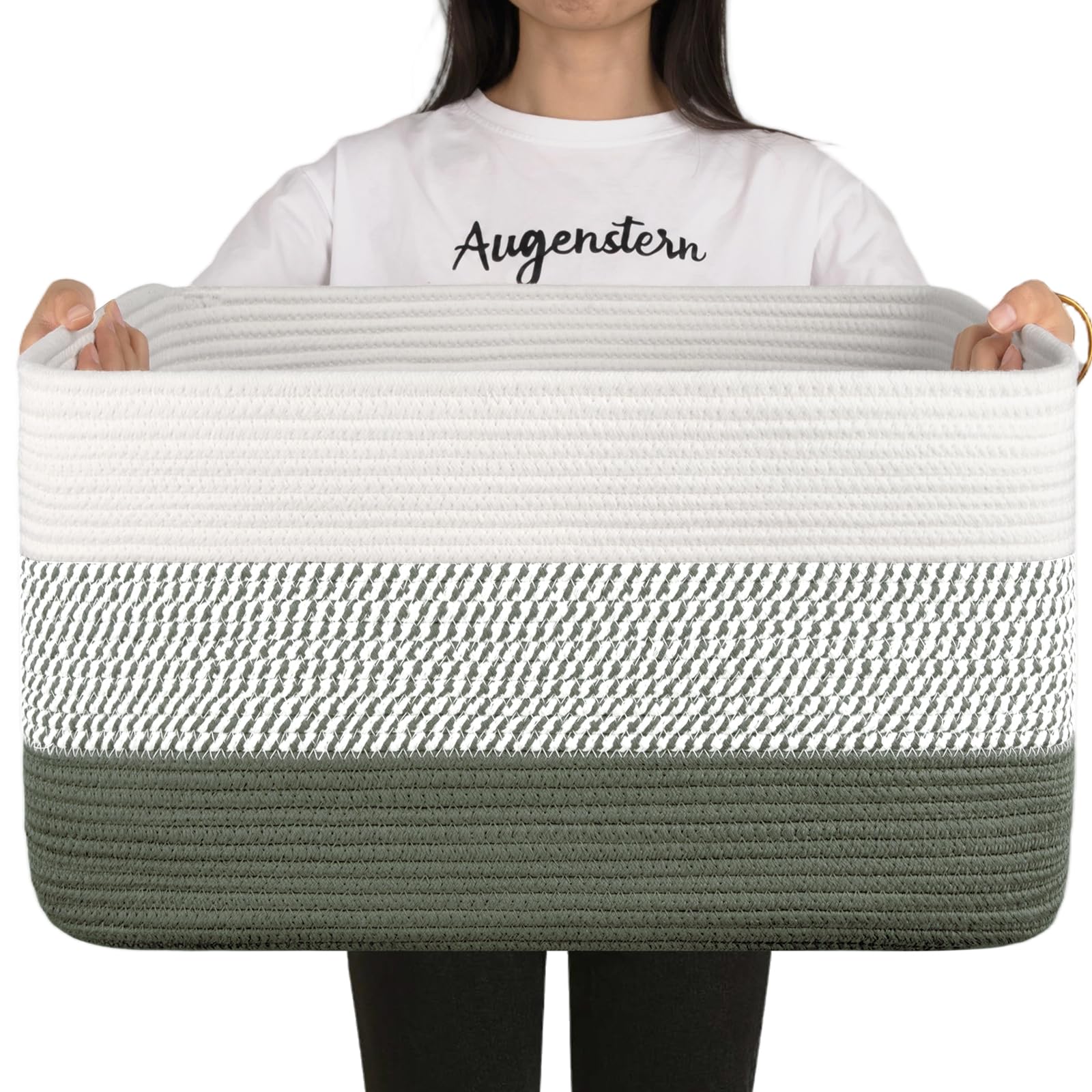 OIAHOMY large blanket basket front view with green and white rope texture and safe storage.