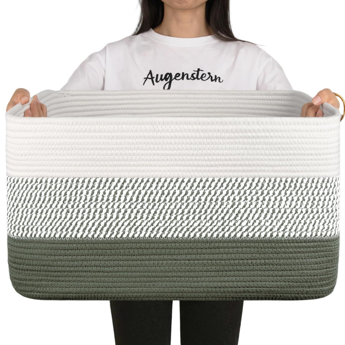 OIAHOMY large blanket basket front view with green and white rope texture and safe storage.