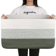 OIAHOMY large blanket basket front view with green and white rope texture and safe storage.