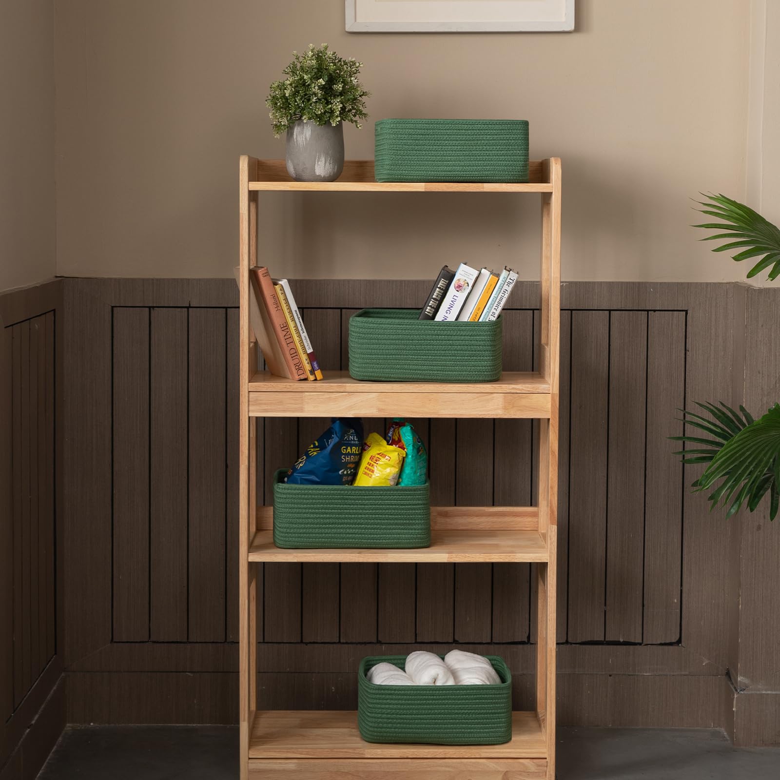 OIASKET 4-pack small storage baskets green on shelf demonstrates practical organization for towels and toys