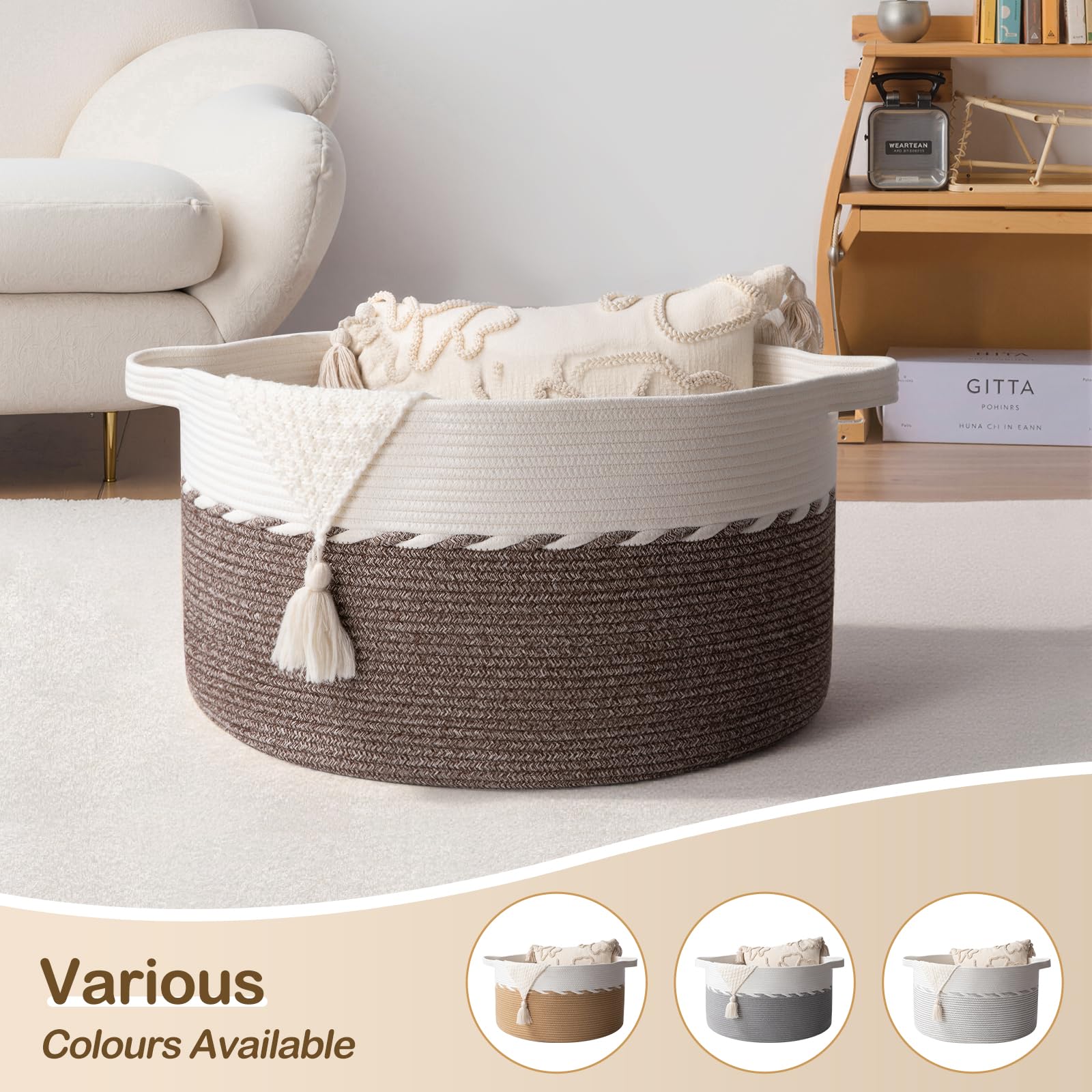 OIAHOMY 105L basket beside dog bed shows versatile storage usage.