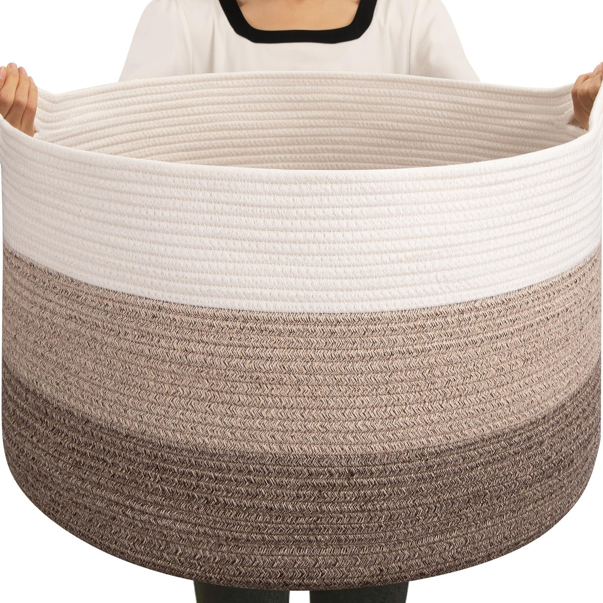 OIAHOMY 105L blanket basket gradient brown with handles, stylish living room storage for blankets.