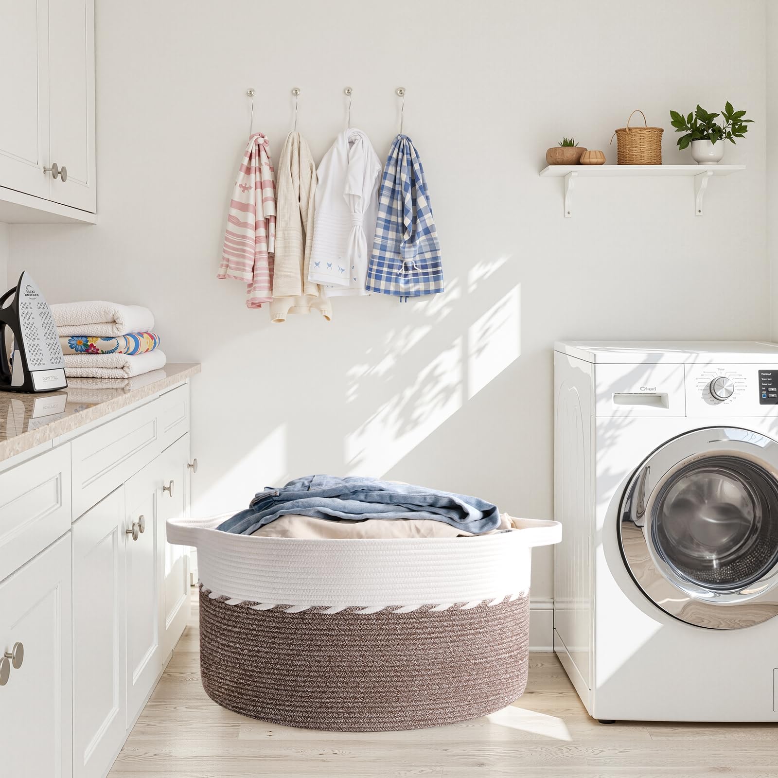 OIAHOMY blanket basket on wood floor emphasizes soft cotton rope texture.