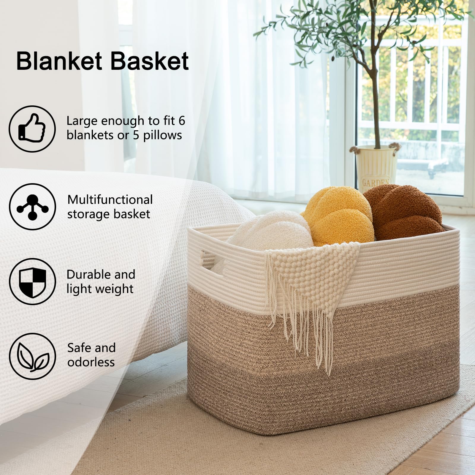 OIAHOMY 108L blanket basket showing blankets inside for living room organization