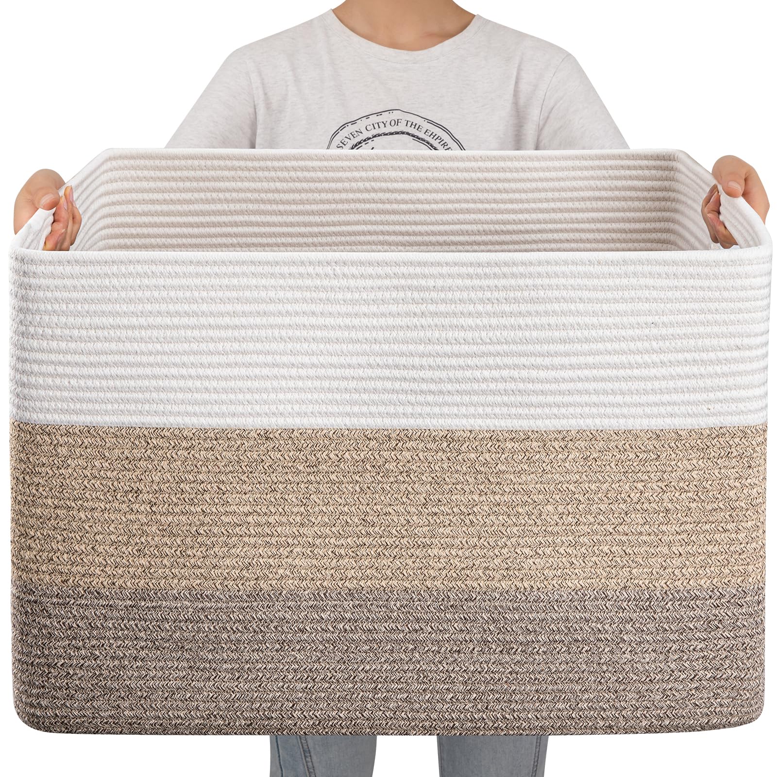 OIAHOMY 108L blanket basket front view in gradient brown, sturdy home storage solution