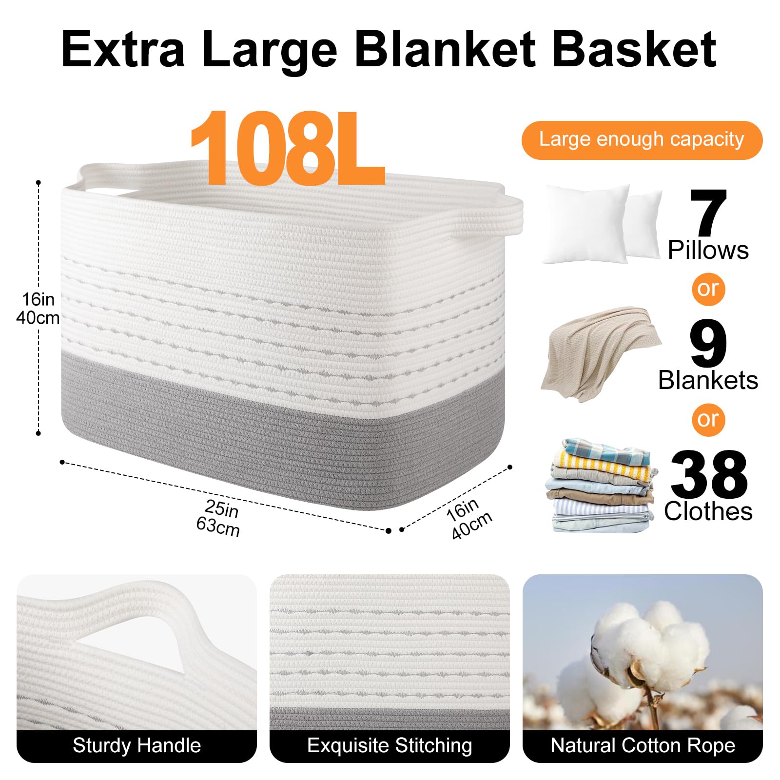 OIAHOMY 108L blanket basket gradient grey handle-detail with reinforced seams