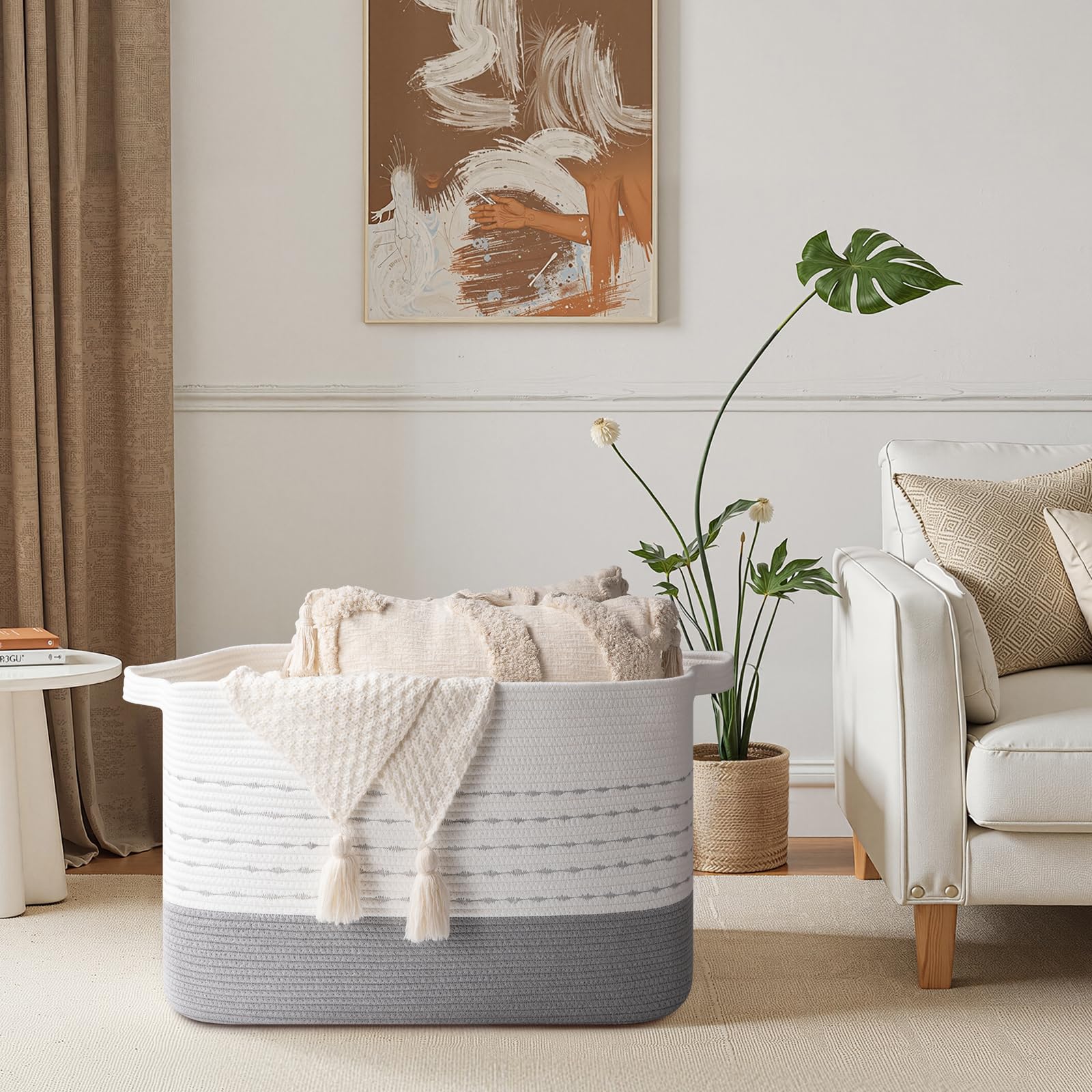 OIAHOMY 108L blanket basket gradient grey side view showing durable handles