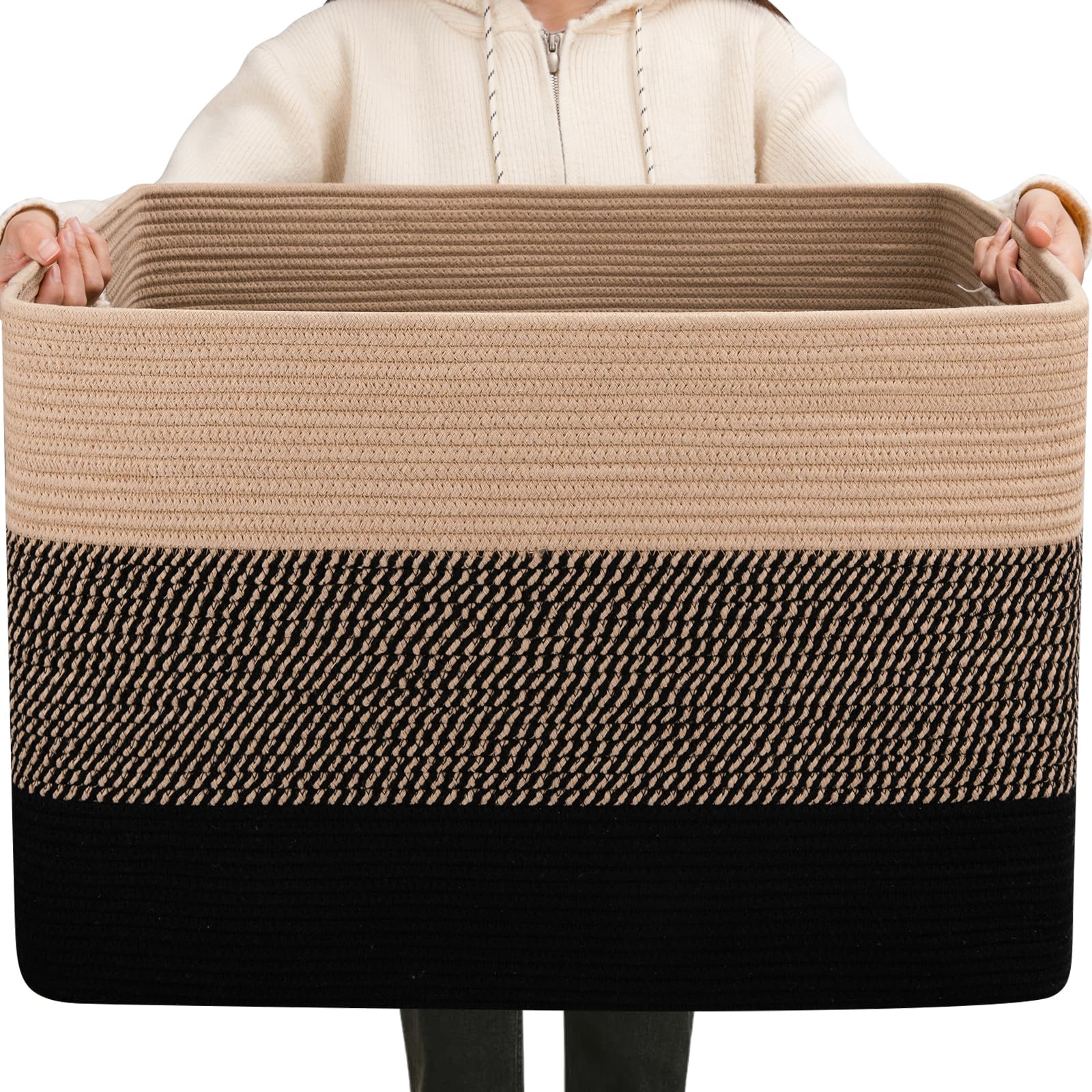 OIAHOMY 108L blanket basket with yellow and black weave, ideal for blankets and easy transport