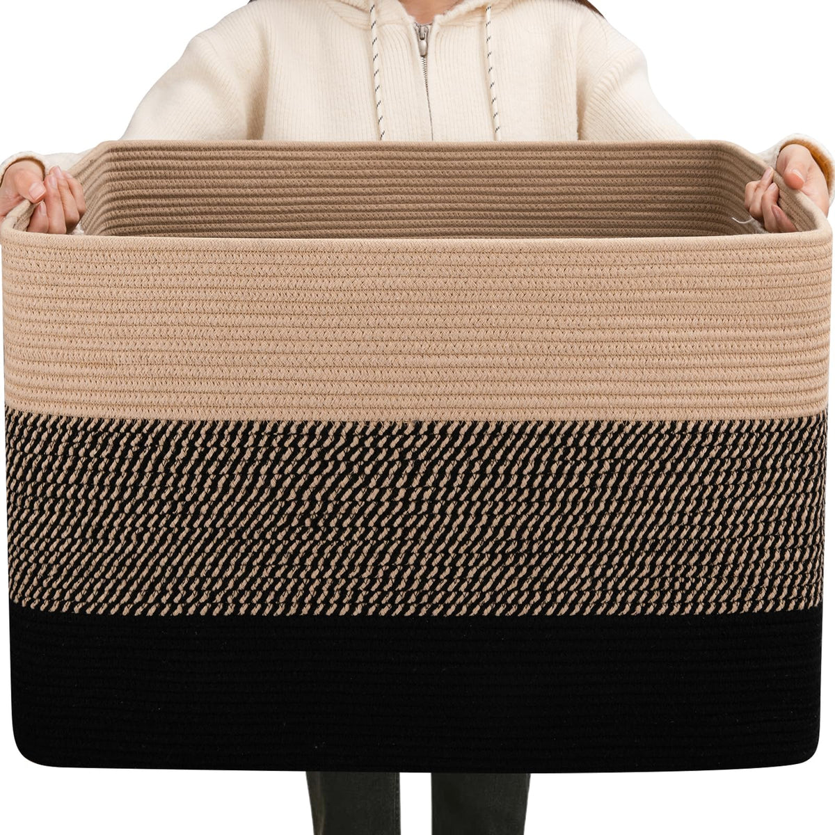 OIAHOMY 108L blanket basket with yellow and black weave, ideal for blankets and easy transport