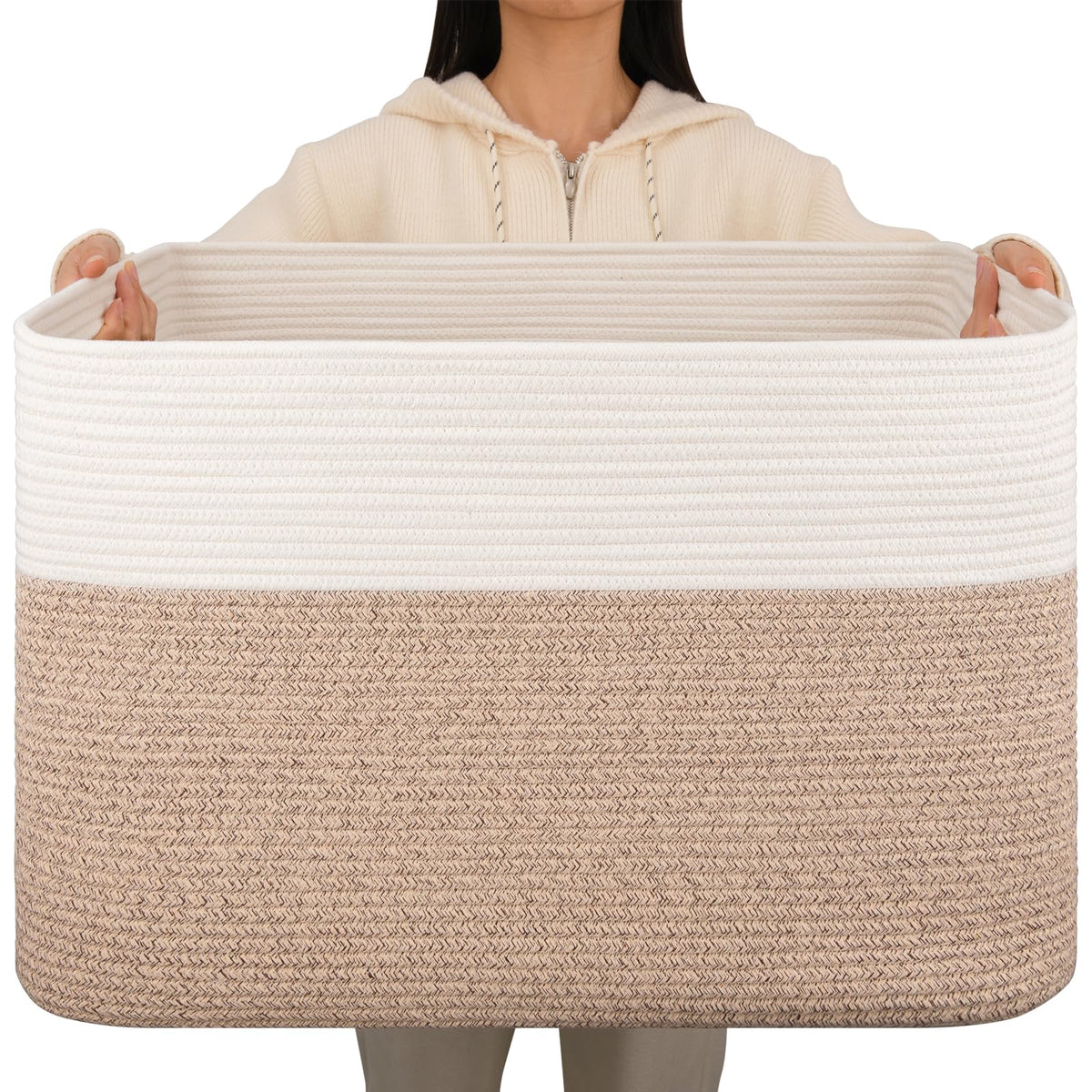 OIAHOMY 108L blanket basket brown-white in living room for blankets.