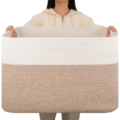 OIAHOMY 108L blanket basket brown-white in living room for blankets.