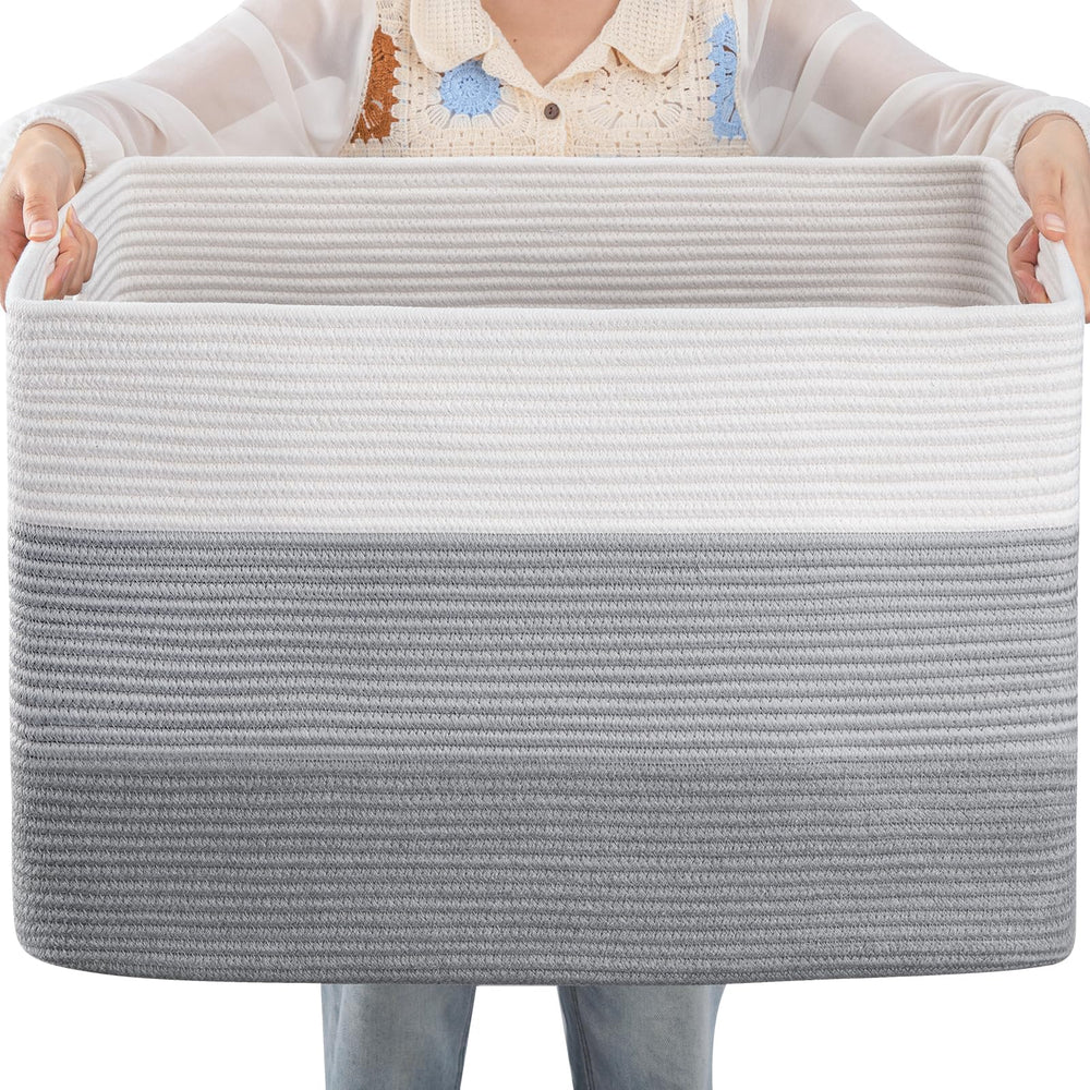 OIAHOMY 108L cotton rope basket front view showing ample blanket storage.