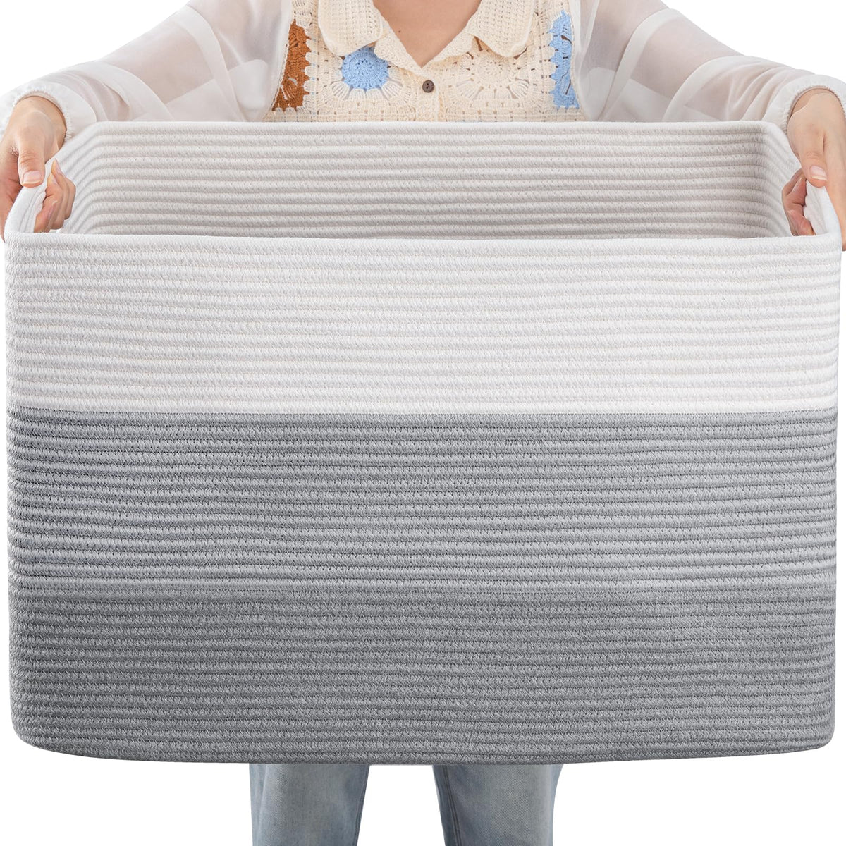 OIAHOMY 108L cotton rope basket front view showing ample blanket storage.