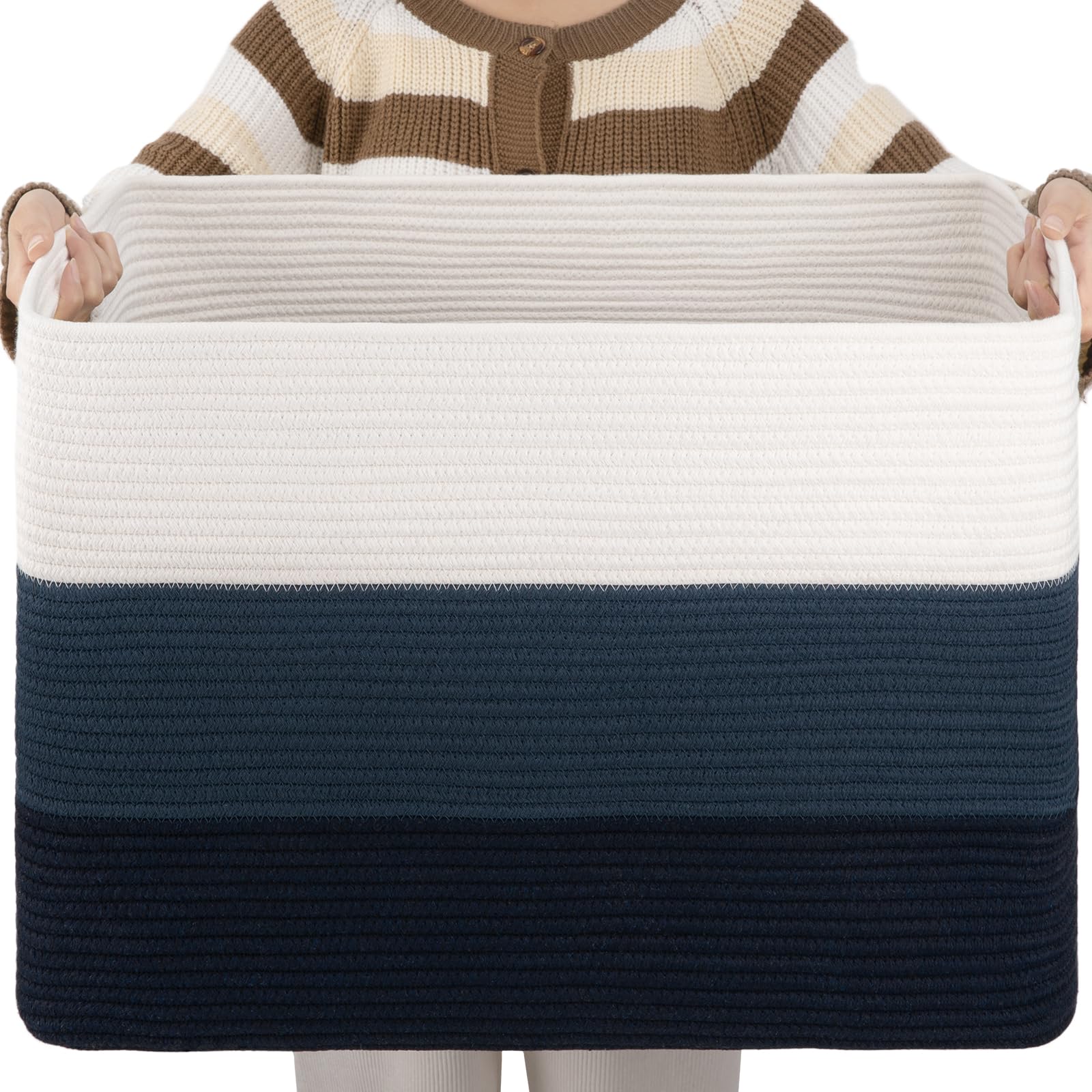 OIAHOMY 108L cotton rope basket in gradient blue for blanket storage in living spaces.