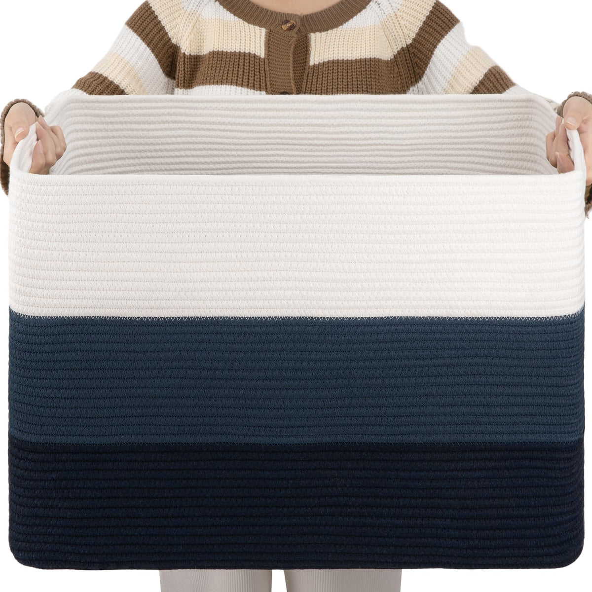 OIAHOMY 108L cotton rope basket in gradient blue for blanket storage in living spaces.