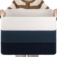 OIAHOMY 108L cotton rope basket in gradient blue for blanket storage in living spaces.