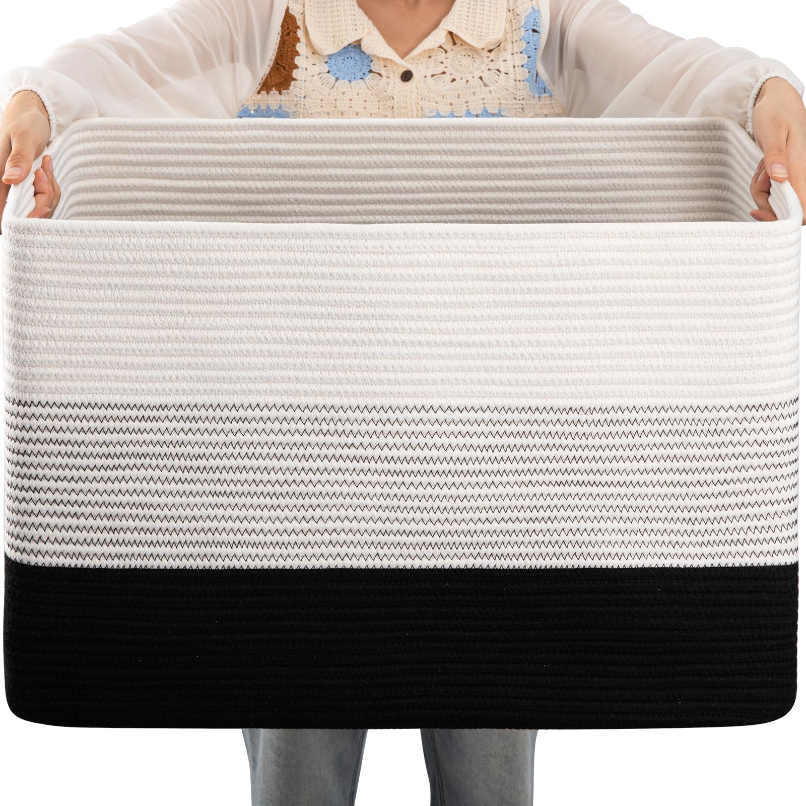 OIAHOMY 108L cotton rope basket in rectangle design for spacious blanket storage.