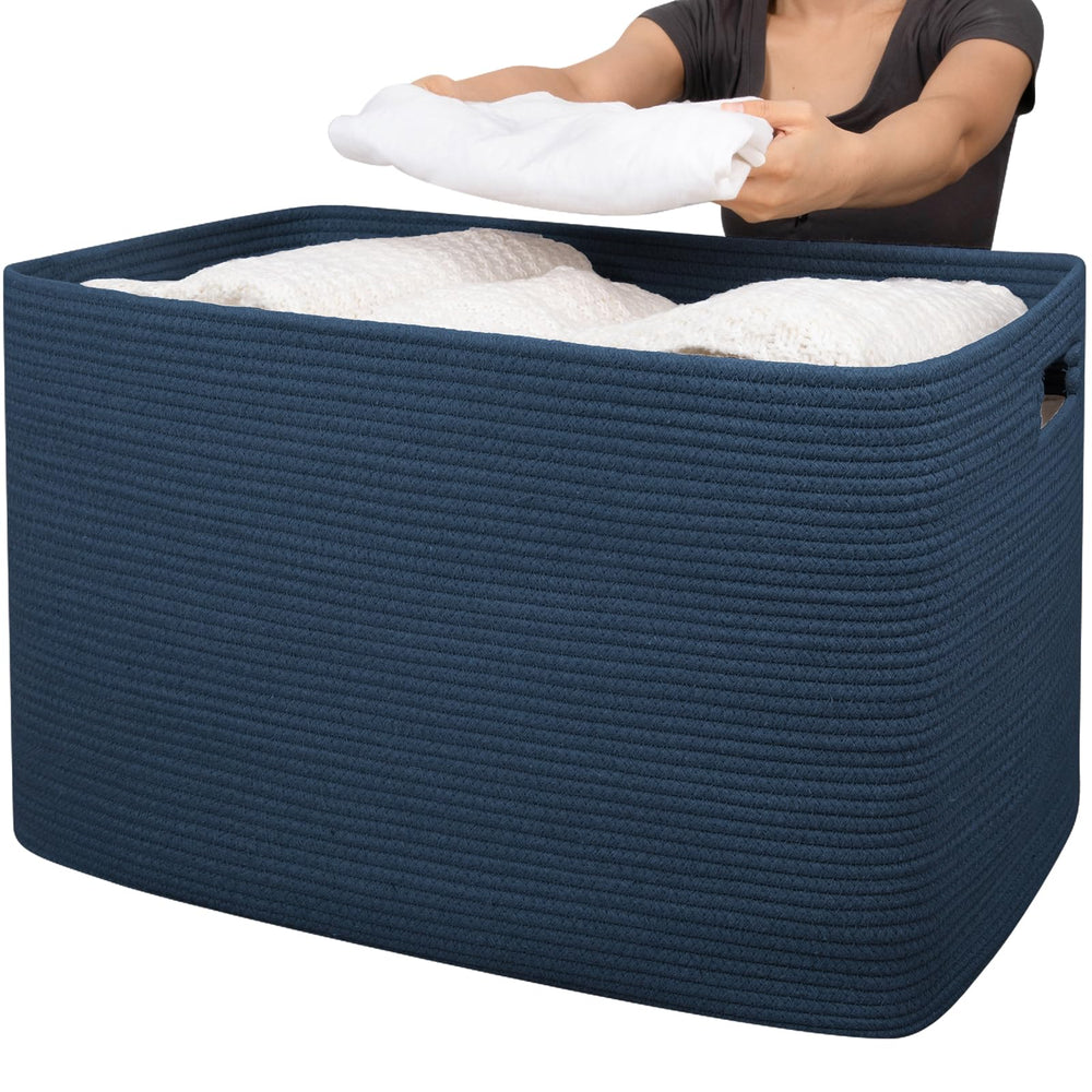 OIAHOMY 118L cotton rope basket blue front view highlights roomy blanket storage
