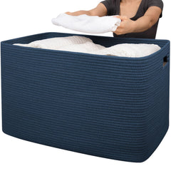 OIAHOMY 118L cotton rope basket blue front view highlights roomy blanket storage