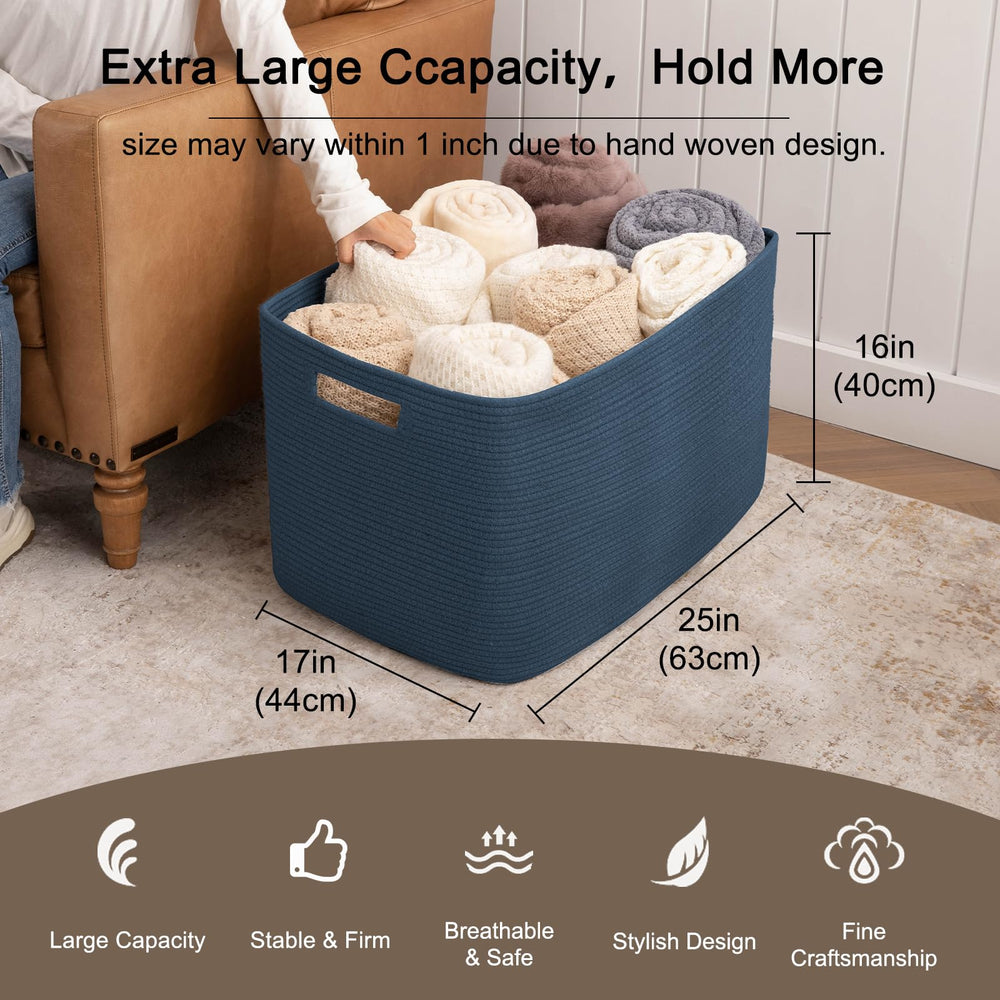 OIAHOMY 118L cotton rope basket in living room keeps floors tidy