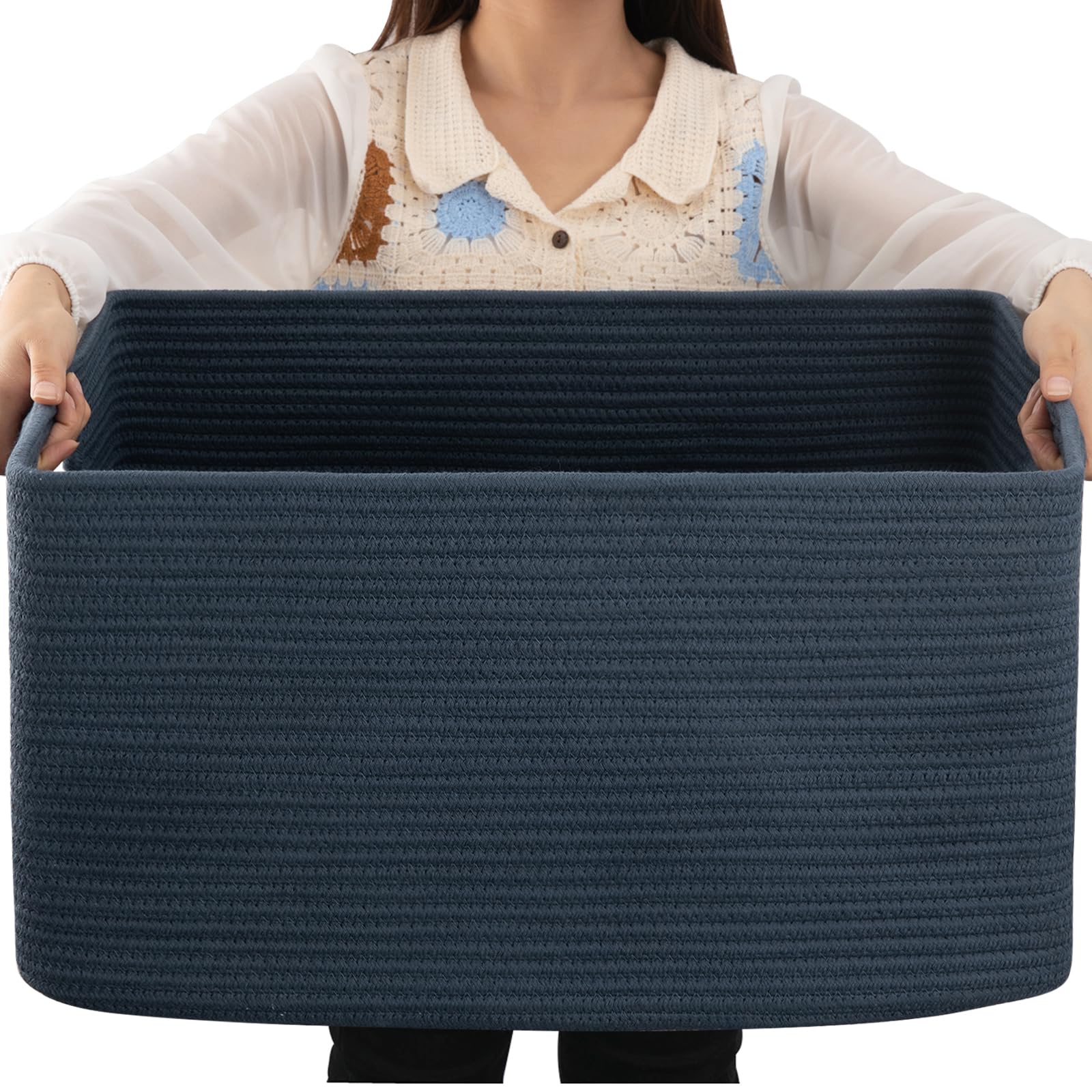 OIAHOMY 75L blanket basket blue showcasing ample storage for blankets.