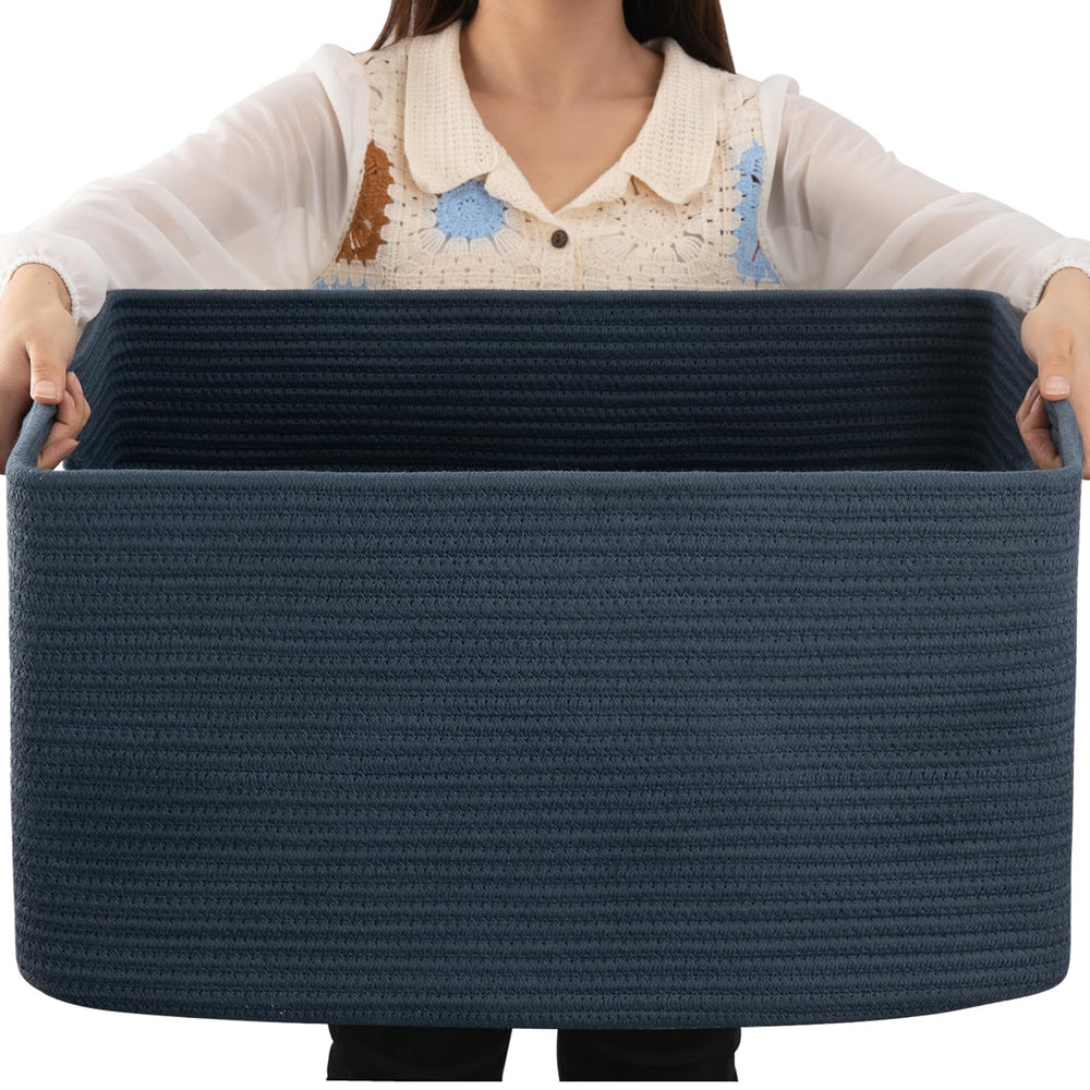OIAHOMY 75L blanket basket blue showcasing ample storage for blankets.